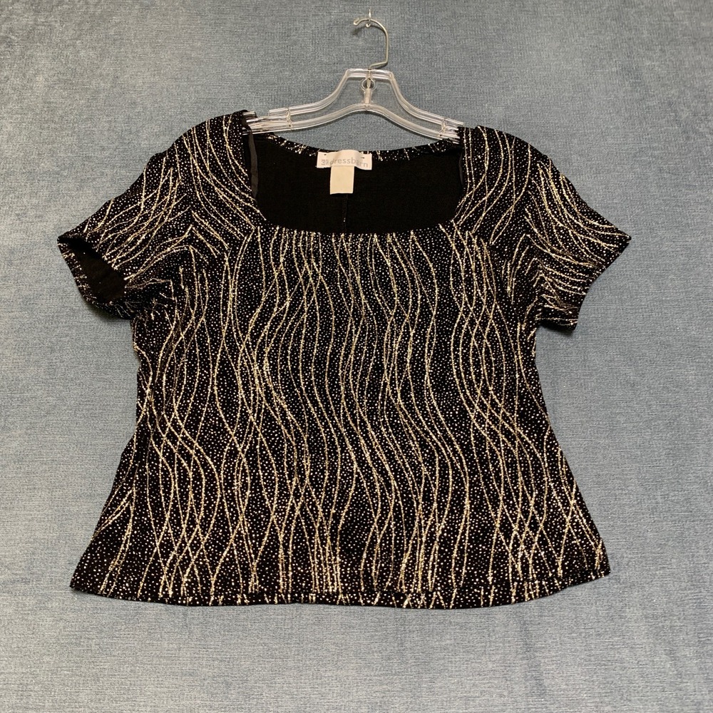 Dressbarn Blouse Top Women M Black Gold Glitter Sparkly Square Neck Short Sleeve